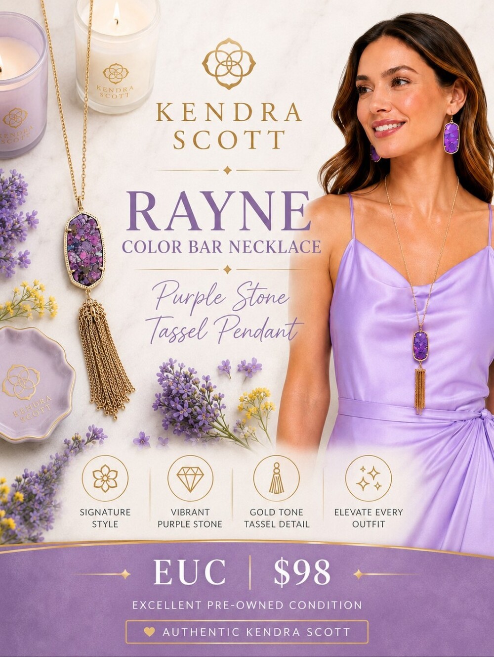 Kendra Scott Rayne Color Bar Necklace | Purple Stone Tassel Pendant | EUC | $98